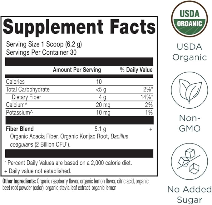 Ancient Nutrition Organic Fiber Powder, Raspberry Lemonade, Soluble Fiber from Acacia & Konjac Root, Supports Digestive Health, Reduces Bloating, 6.5 oz