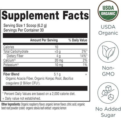 Ancient Nutrition Organic Fiber Powder, Raspberry Lemonade, Soluble Fiber from Acacia & Konjac Root, Supports Digestive Health, Reduces Bloating, 6.5 oz