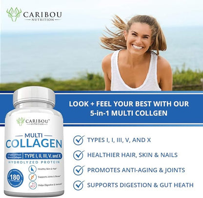 Multi Collagen Pills - 180 Collagen Pills - Type I, II, III, V & X Collagen Capsules - Unique Blend of Collagen Peptides Capsules - Wild Fish, Eggshell, Chicken & Grass-Fed Beef Collagen Supplements