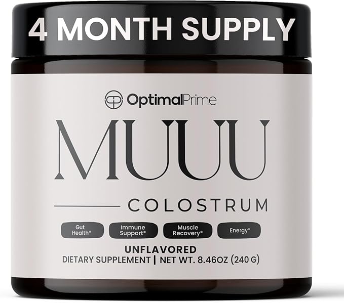 Optimal Prime - MUUU Bovine Colostrum Supplement and Superfood Powder for Gut Health, Bloating, Immune Support, Hair, Skin, and Nails Unflavored, 120 Servings