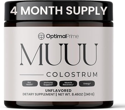 Optimal Prime - MUUU Bovine Colostrum Supplement and Superfood Powder for Gut Health, Bloating, Immune Support, Hair, Skin, and Nails Unflavored, 120 Servings