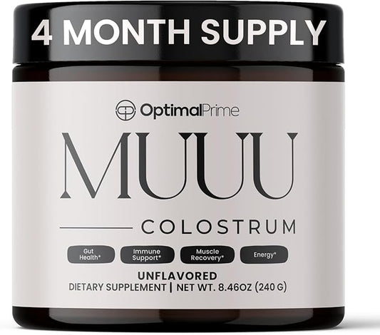 Optimal Prime - MUUU Bovine Colostrum Supplement and Superfood Powder for Gut Health, Bloating, Immune Support, Hair, Skin, and Nails Unflavored, 120 Servings