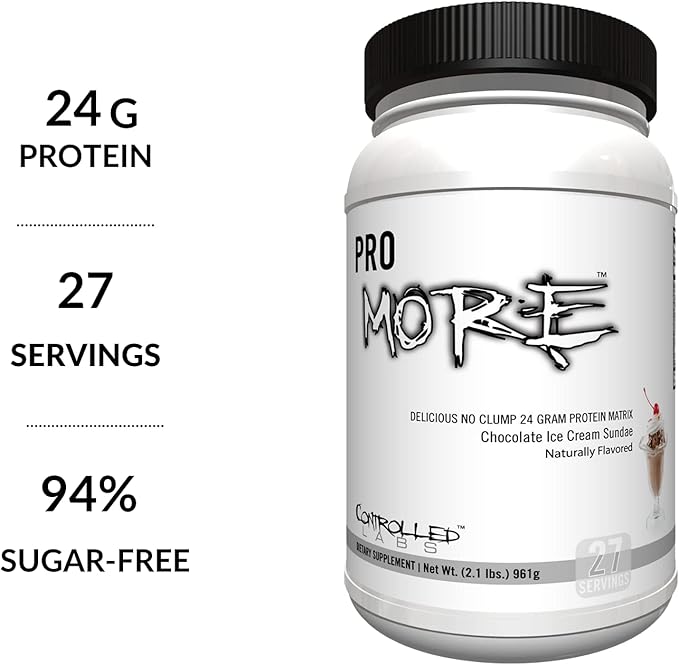 CONTROLLED LABS PROmore Protein Powder (27 Servings) - 24g Protein Per Scoop - 94% Sugar-Free, Premium Smooth-Drink Formula (Chocolate Ice Cream Sundae) (27 Servings, Chocolate Ice Cream Sundae)