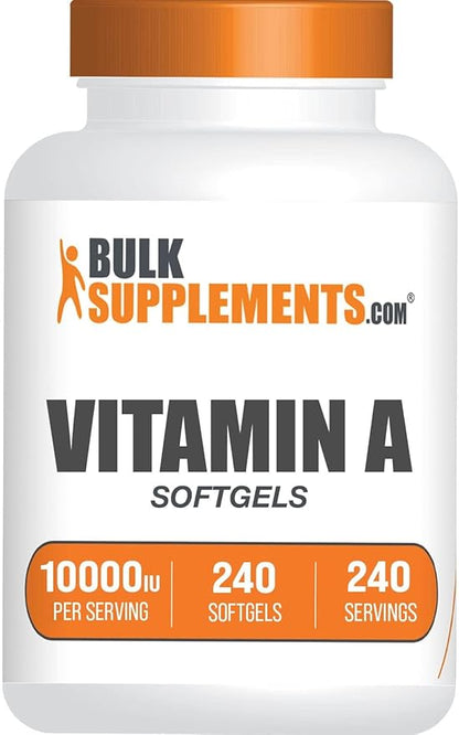 BulkSupplements.com Vitamin A 10000 IU Softgels - as Retinyl Palmitate, Vitamin A Supplement - for Eye & Immune Support, Gluten Free, 1 Softgel per Serving, 240 Count (Pack of 1)
