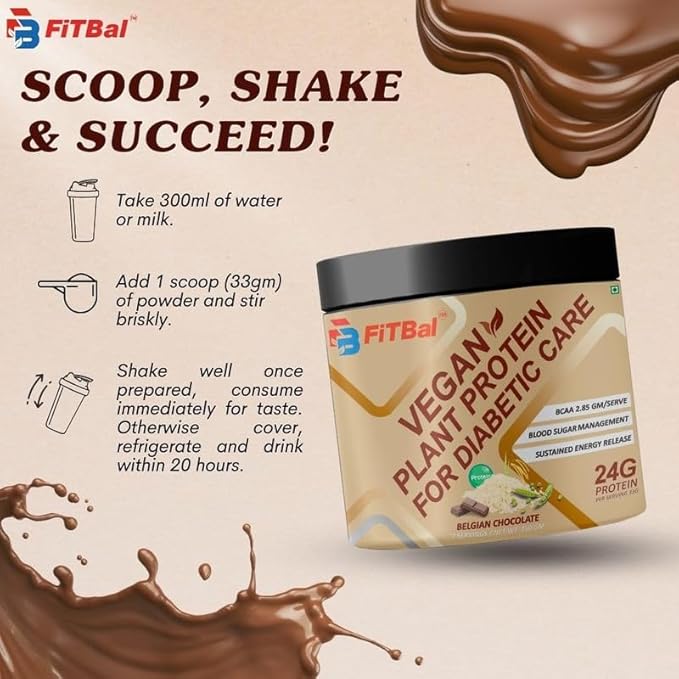 Belgian Chocolate Vegan Plant Protein Powder for Diabetic Care 250 Gram (7 Servings) Serving Quantity-33G 24G Protein Per Serving, Glutamine - 3.32 Gm