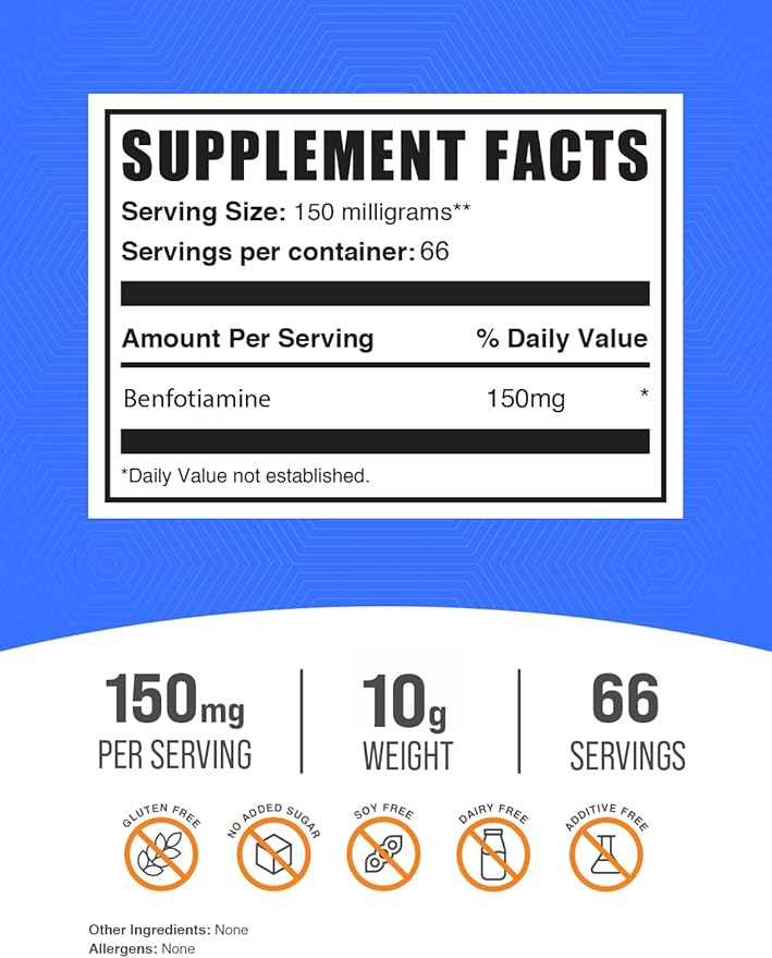 BulkSupplements.com Benfotiamine Powder - Thiamine B1 Supplement, Benfotiamine Supplement - Benfotiamine 150mg, Gluten Free - 150mg per Serving, 10g (0.35 oz) (Pack of 1)
