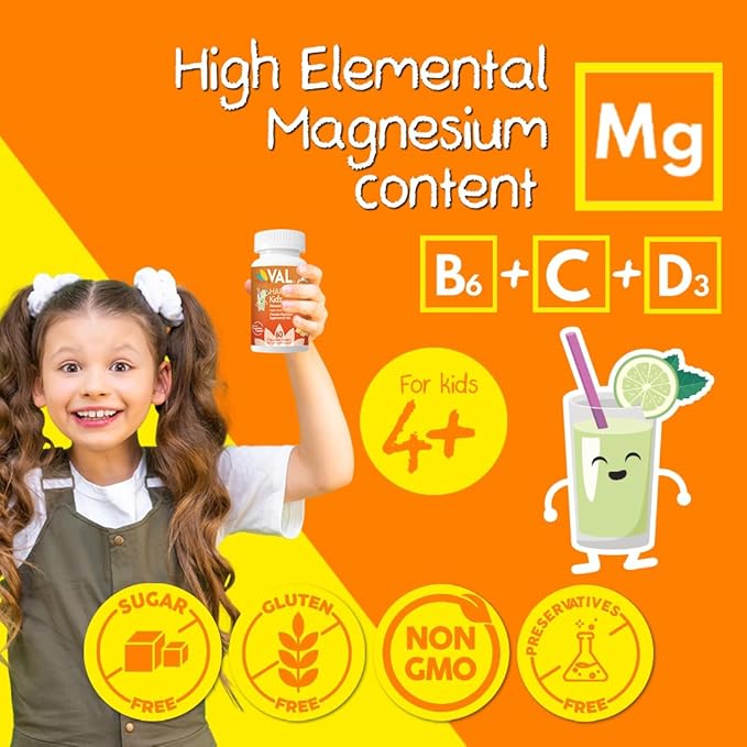 Chewable Magnesium for Kids, Relaxation and Calm Formula, Glycinate, Citrate, Taurate, Vitamin B6, D, C, Natural Lemonade Flavor, Sugar Free, Gluten Free, Non-GMO, 60 Chewable Tablets
