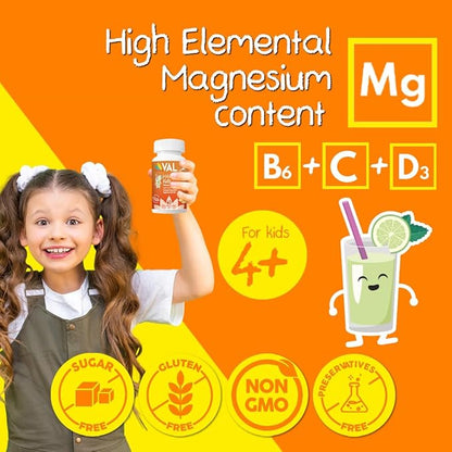 Chewable Magnesium for Kids, Relaxation and Calm Formula, Glycinate, Citrate, Taurate, Vitamin B6, D, C, Natural Lemonade Flavor, Sugar Free, Gluten Free, Non-GMO, 60 Chewable Tablets