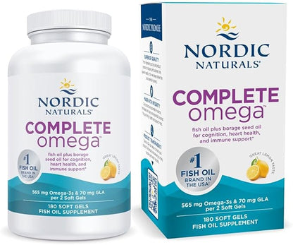 Nordic Naturals Complete Omega, Lemon Flavor - 180 Soft Gels - 565 mg Omega-3 - EPA & DHA with Added GLA - Healthy Skin & Joints, Cognition, Positive Mood - Non-GMO - 90 Servings