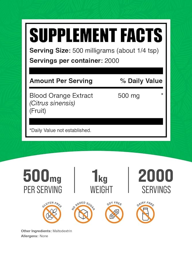 BulkSupplements.com Blood Orange Extract Powder - Blood Orange Supplement, Blood Orange Powder - Antioxidant Support, Gluten Free - 500mg per Serving, 1kg (2.2 lbs) (Pack of 1)