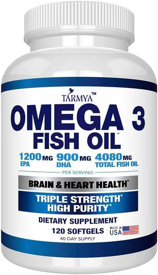 Omega 3 Fish Oil | 1200mg EPA + 900mg DHA | Brain and Heart Supplement for Men and Women | Best Essential Fatty Acids | Premium Burpless Softgel Supplements |