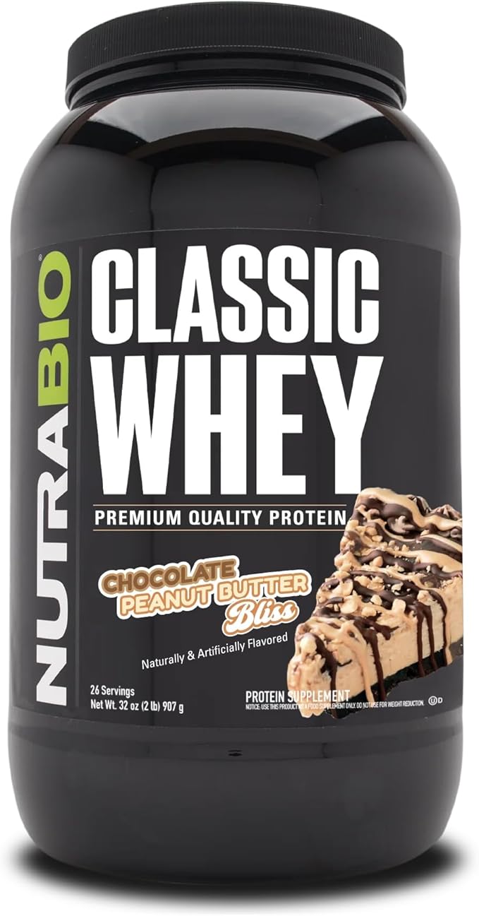 NutraBio Classic Whey Protein Powder- Full-Spectrum Amino Acid Profile - No Fillers, Artificial Colors, Preservatives - Low Glycemic Index - (Chocolate Peanut Butter, 2 Pounds)