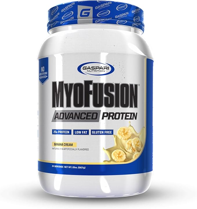 Gaspari Nutrition Myofusion Advanced Protein, Protein Blend with Whey Protein, Casein Protein and Isolate Protein, Low Fat and Gluten Free (Banana Cream, 2 Pound)