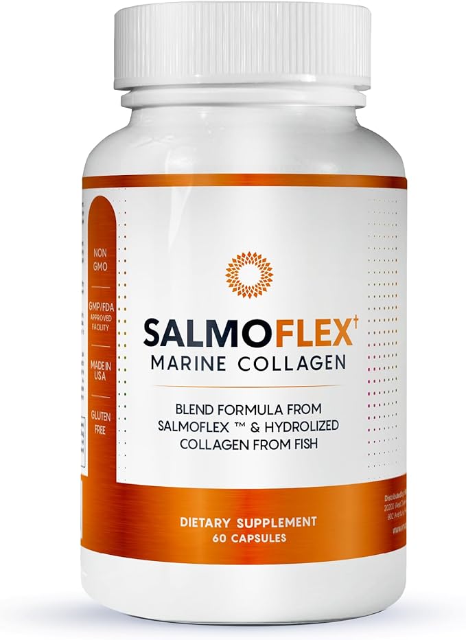Salmoflex Marine Collagen Peptides Pills W/Hyaluronic Acid, Vitamin C, D, E | Salmon Supplements - Hair, Skin, Nails | Multivitamin for Women & Men | Knee, Joint Relief - 60 Capsules