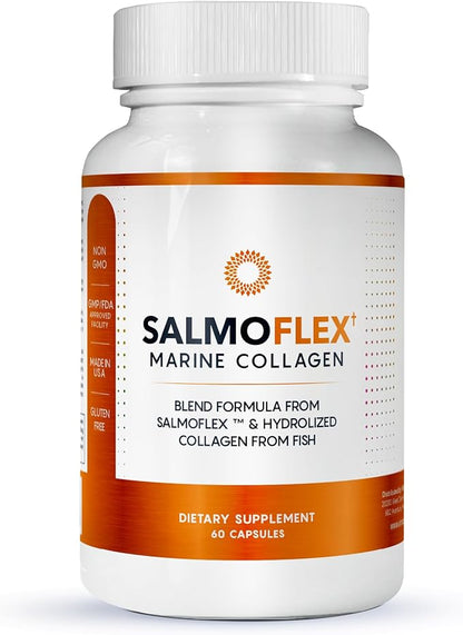 Salmoflex Marine Collagen Peptides Pills W/Hyaluronic Acid, Vitamin C, D, E | Salmon Supplements - Hair, Skin, Nails | Multivitamin for Women & Men | Knee, Joint Relief - 60 Capsules