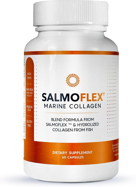 Salmoflex Marine Collagen Peptides Pills W/Hyaluronic Acid, Vitamin C, D, E | Salmon Supplements - Hair, Skin, Nails | Multivitamin for Women & Men | Knee, Joint Relief - 60 Capsules
