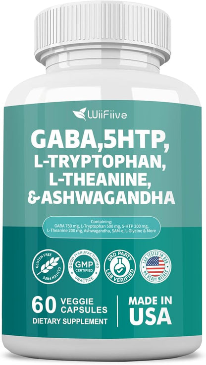 Gaba 750mg 5-HTP 200mg L-Theanine 200mg Ashwagandha 3000mg L-Tryptophan 500mg with Vitamin D3 Vitamin B6 L-Tyrosine Black Pepper SAM-e, Dietary Supplement, Non GMO, NSF Certified, 60 Capsules