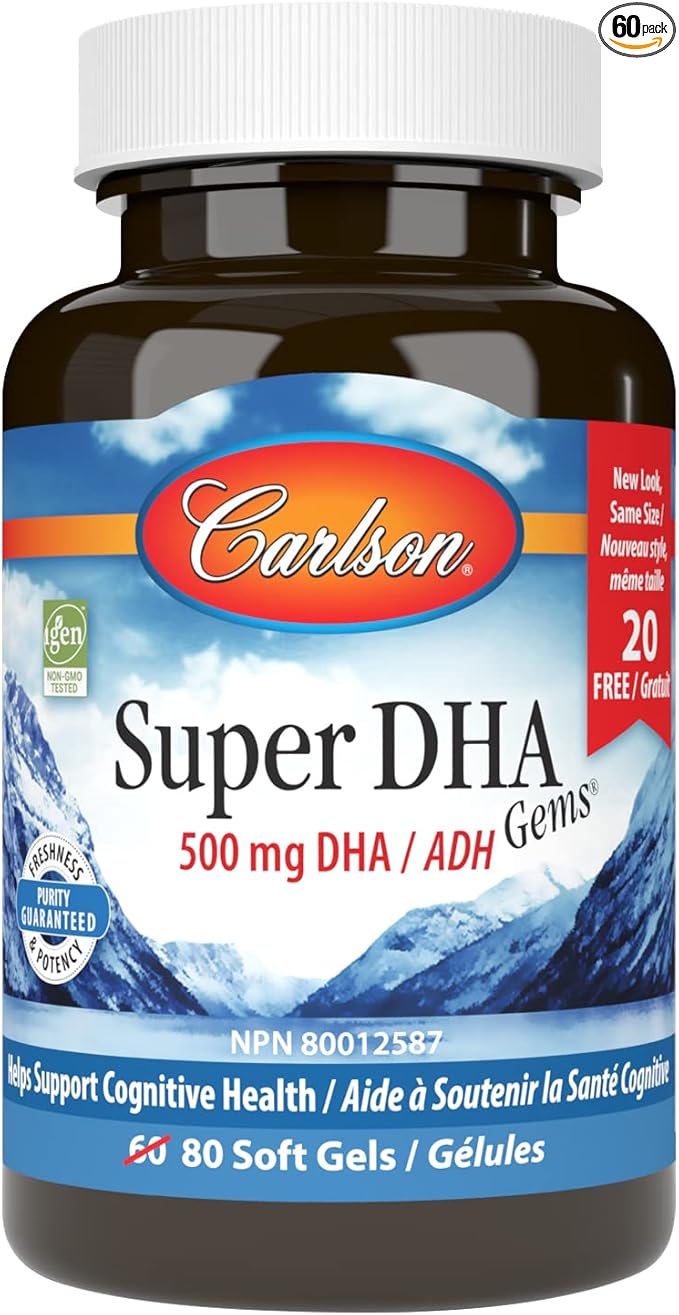 Carlson - Super DHA Gems, 500 mg DHA Supplements, 640 mg Fatty Acids, Wild-Caught Norwegian Arctic Fish Oil Concentrate, Sustainably Sourced Nordic Fish Oil Capsules, 60+20 Softgels