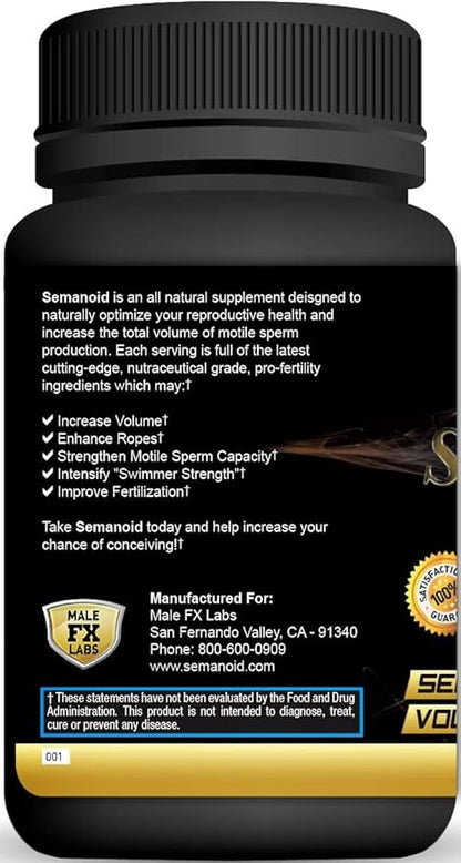 SEMANOID (60 Caps) Maximum Fertility Formula and Semen Volumizer - Advanced Fertility Ingredients and Male Prenatal Vitamin Blend, 1 Month Supply