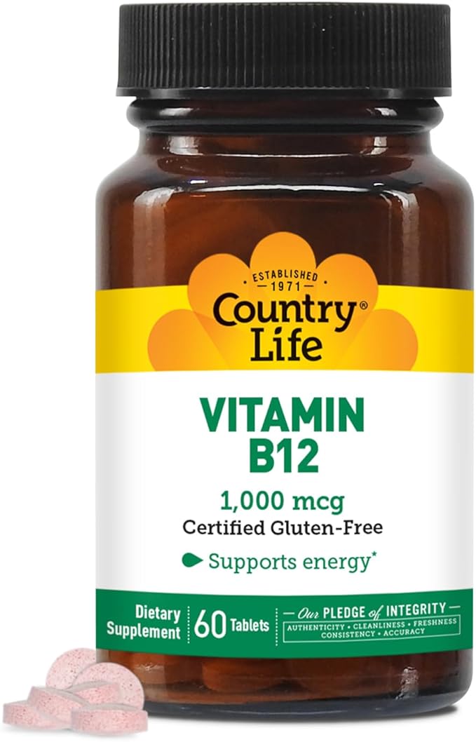 Country Life Vitamin B12 Supplement - Essential for Brain Function, Nerve Health, Red Blood Cells - Ideal for Anemia Prevention - Vegan Vitamin B, 1000 mcg - Gluten-Free, 60 Tablets