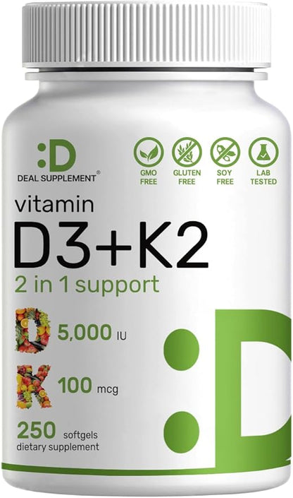 DEAL SUPPLEMENT Vitamin D3 K2 Softgel, 250 Count, 2-1 Complex, Vitamin D3 5000 IU & Vitamin K2 MK7, Promotes Heart, Bone & Teeth Health – Easy to Swallow
