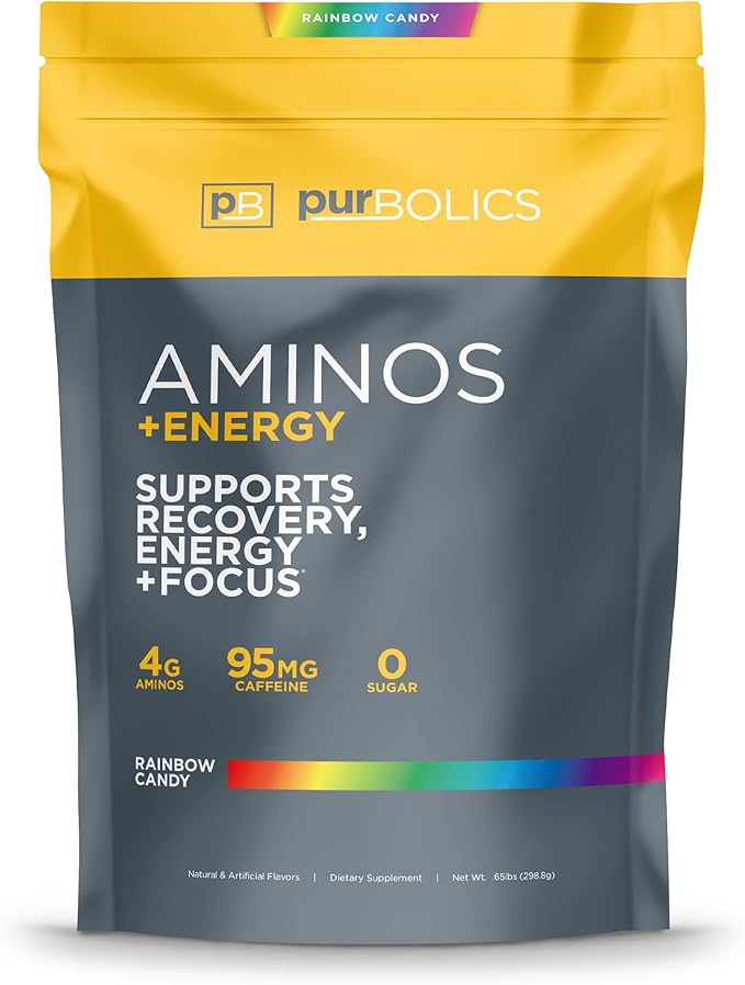 Aminos + Energy | Supports Recovery, Energy & Focus | 95mg of Caffeine, 0 Sugar & 60 Servings (Rainbow Candy)