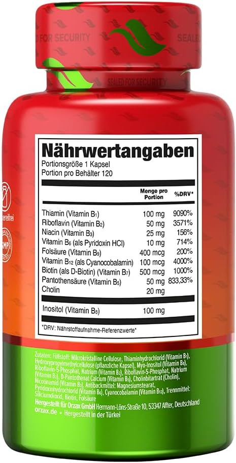 ORZAX Vitamin B Complex Supplement for Women & Men with Choline, Inositol - Balanced Energy Metabolism - Immune & Nerve Health (120 Veg Capsules)