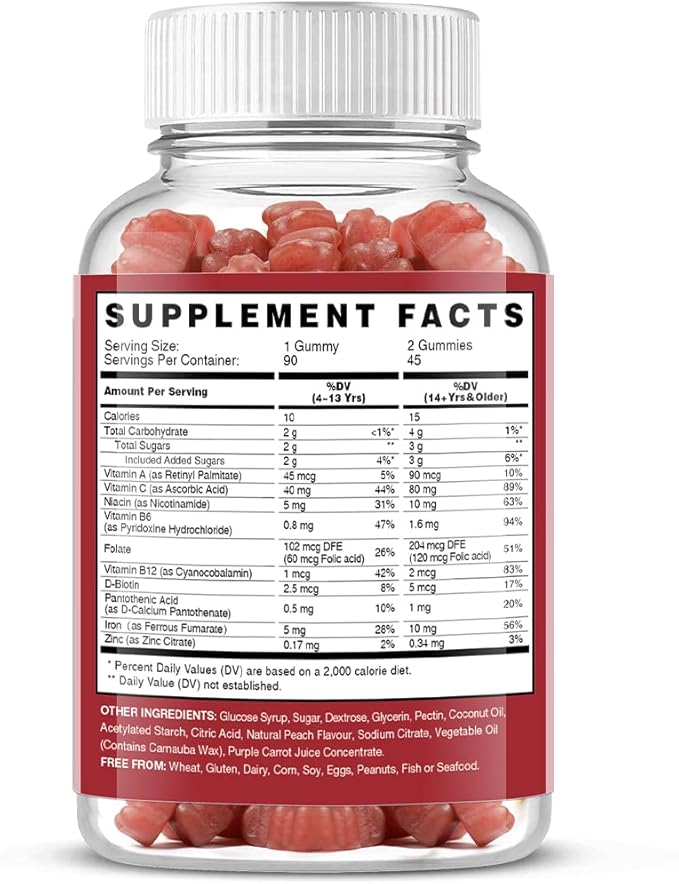 Vegan Iron Gummies Supplement - with Vitamin C, A, B-Complex, Folate, Zinc for Adults & Kids - Blood Builder & Energy Support for Iron Deficiency, Anemia, No After Taste - Peach Flavor (90 Ct)