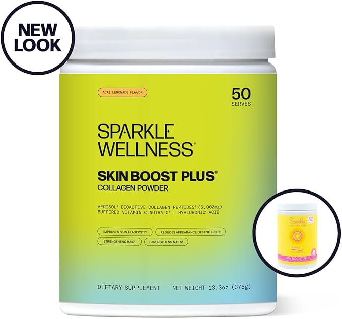 Sparkle Wellness Skin Boost Plus (Acai Lemonade) [50-Serves] | Collagen Powder Supplement with VERISOL Bioactive Hydrolyzed Collagen Peptides, Vitamin C & Hyaluronic Acid to Improve Skin Elasticity