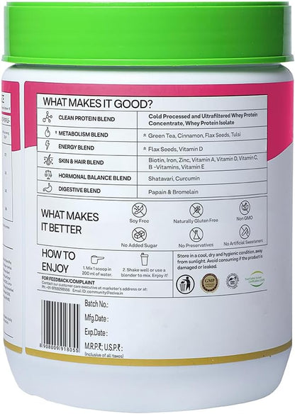 Protein & Herbs for Women | 1.1 Lbs (500 gm) with Multivitamins, Curcumin, Shatavari, Tulsi for Improved Metabolism, Hormonal Balance & Skin, Hair Health, Vanilla Almond (1.1 lb)