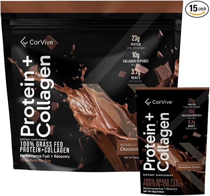 Protein + Collagen Powder | 23g Protein (Grass-Fed Whey + Collagen) | 3.7g BCAAs | Supports Muscle & Joint Health | Gluten & Soy Free | No Artificial Ingredients | 15 Sachets - Chocolate