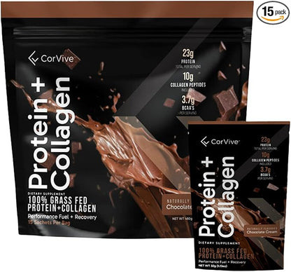 Protein + Collagen Powder | 23g Protein (Grass-Fed Whey + Collagen) | 3.7g BCAAs | Supports Muscle & Joint Health | Gluten & Soy Free | No Artificial Ingredients | 15 Sachets - Chocolate