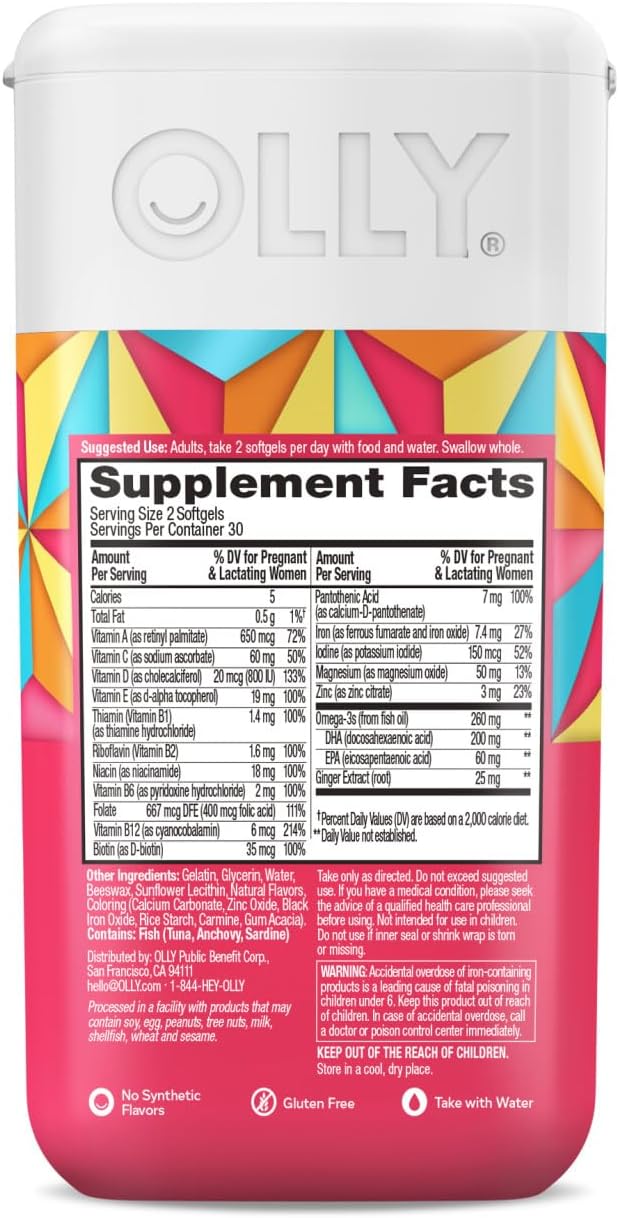 OLLY Ultra Strength Prenatal Multivitamin Softgels, Supports Healthy Growth, Brain Development, Iron, Folic Acid, DHA, Vitamins C, E, 30 Day Supply-60 Count (Packaging May Vary)