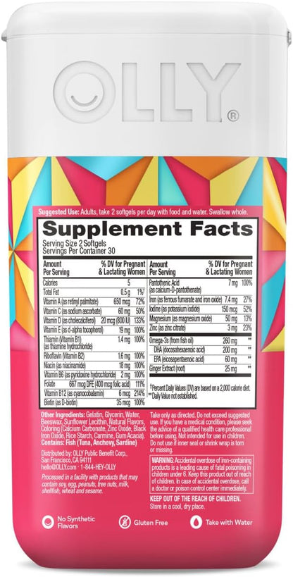 OLLY Ultra Strength Prenatal Multivitamin Softgels, Supports Healthy Growth, Brain Development, Iron, Folic Acid, DHA, Vitamins C, E, 30 Day Supply-60 Count (Packaging May Vary)