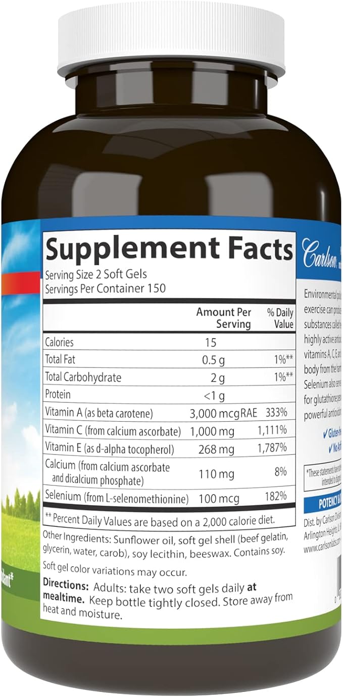 Carlson - ACES, Vitamins A, C, E + Selenium, Cellular Health & Immune Support, Antioxidant, 300 Softgels
