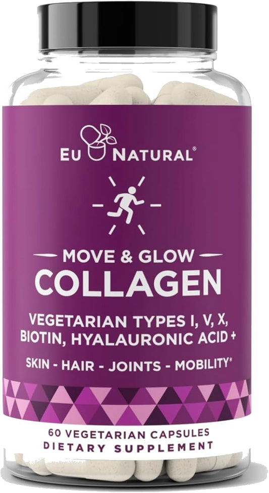 Move & Glow Collagen Pills for Women & Men – Vegetarian Multi-Collagen (Type I-V-X) with 9 Plant-based Superfoods for Skin Health & Joint Support – Biotin, Vitamin C, Vitamin E, 60 Vegetarian Capsules