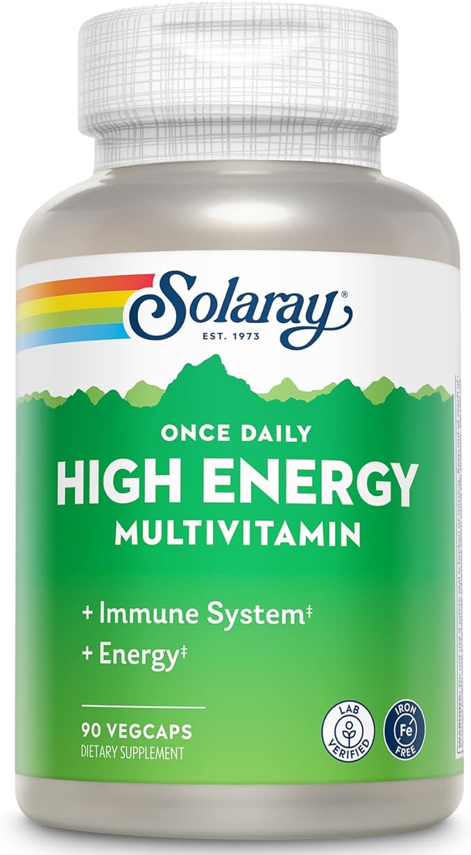 SOLARAY Once Daily High Energy Multivitamin, Iron Free, Immune System and Energy Support, Whole Food and Herb Base Ingredients, Men’s and Women’s Multi Vitamin (90 Servings, 90 VegCaps)