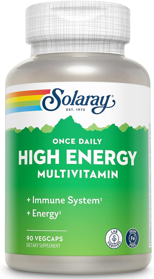 SOLARAY Once Daily High Energy Multivitamin, Iron Free, Immune System and Energy Support, Whole Food and Herb Base Ingredients, Men’s and Women’s Multi Vitamin (90 Servings, 90 VegCaps)