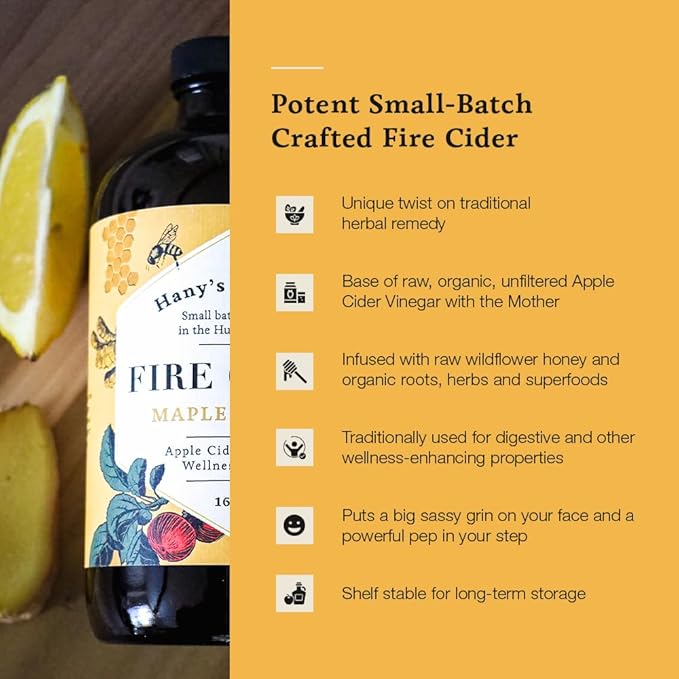 Hany's Harvest Maple Honey Fire Cider – 16 fl oz Glass Bottle | All-Natural, Small-Batch, Handcrafted, Non-GMO, Gluten-Free, Immune & Digestive Support