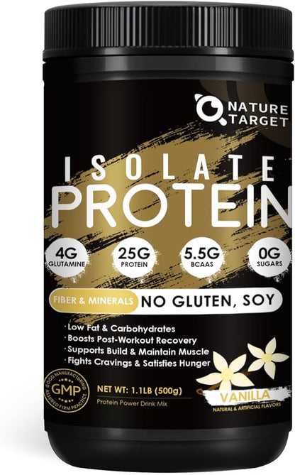 NATURE TARGET Isolate Whey Protein Powder Vanilla, 25g Protein Low Carb Sugar-Free & Gluten-Free, 5.5g BCAAs, Rich in Fibers & Minerals, 1.1 Pound, 16 Servings