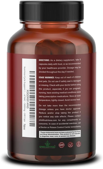 Nutriissa Cycle Support - Premium Kidney & Liver Detox - Organ Defense for Bodybuilders & Weightlifters - EPEB Certified for Purity & Potency - 400mg TUDCA & 1000mg NAC - Vegan, 240 Capsules