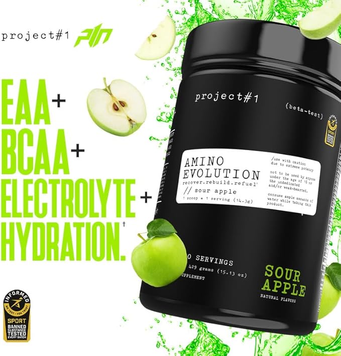 Project #1 AminoEVolution: Muscle Support & Recovery | BCAA's, EAA's, Electrolytes Powder | Keto-Friendly Energy Boost | Pre Workout for Men & Women | 30 Servings - Sour Apple | Amino Acids