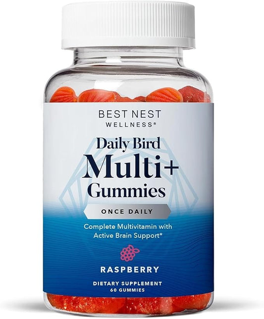 Best Nest Wellness Multi Plus Gummies - Brain Health Support Supplement with Methylated Vitamins - Chewable Multivitamin for Kids - Aids Healthy Energy & Immune Function - Raspberry, 60 Gummies