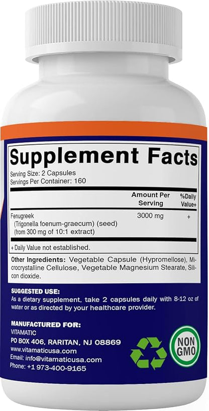 Vitamatic Fenugreek Capsules Extra Strength 3000 mg per Serving - Trigonella Foenum-Graecum - Methi Seeds Powder Pills - 320 Vegetarian Capsules