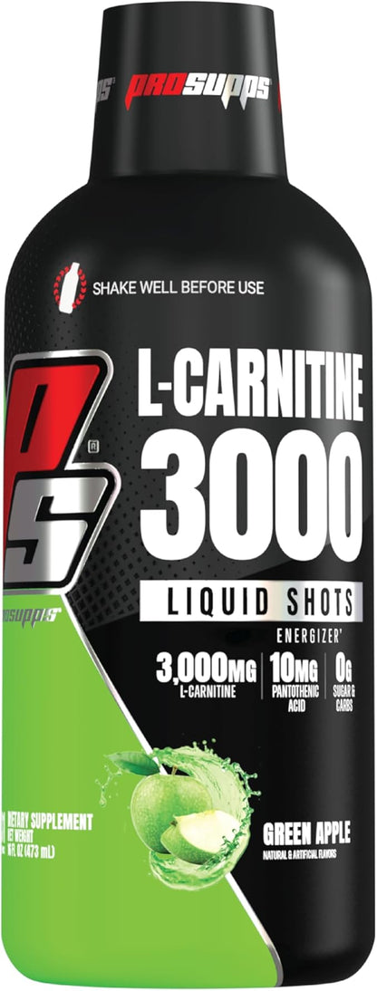 PROSUPPS L-Carnitine Stimulant Free Liquid Shots for Men & Women - Workout Drink for Performance & Muscle Recovery - Clean Energy, No Sugar, No Carbs (31 Servings, 3000 Green Apple)