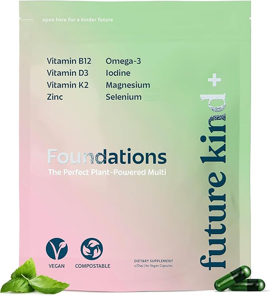 Future Kind Carrageenan-Free Foundations Multivitamin: Vegan Multivitamins for Women & Men- Plant Based Multivitamin, Omega-3, B12, D3, Zinc, Iodine, Magnesium, K2 & Selenium- Compostable Bag