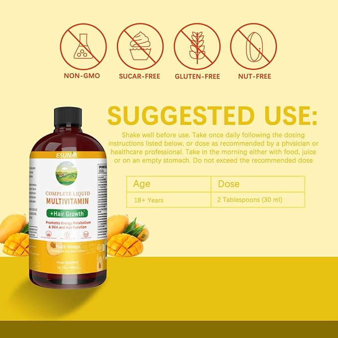 Complete Liquid Multivitamin + Hair Growth, Promotes Energy Metabolism& Skin and Hair Function| Vitamin C D | B Vitamins | Help to Thicker Hair, Wrinkles, Fine Lines, Skin Care (16.23OZ)