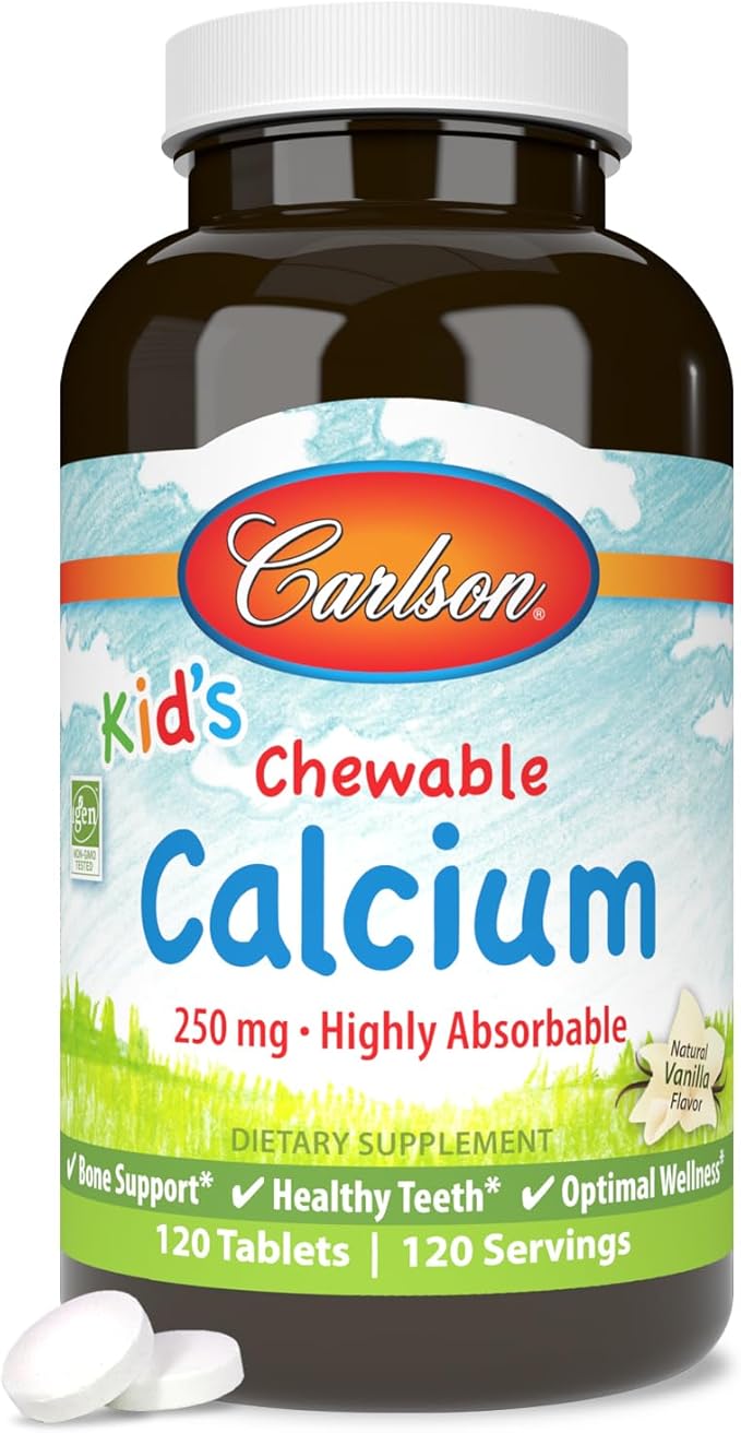 Carlson - Kid's Chewable Calcium, 250 mg, Highly Absorbable, Bone & Teeth Support, Optimal Wellness, Natural Vanilla Flavor, 120 Tablets