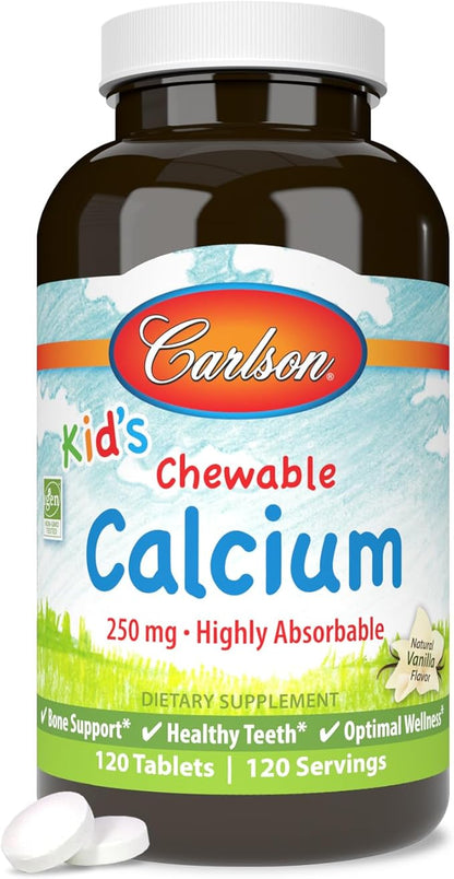 Carlson - Kid's Chewable Calcium, 250 mg, Highly Absorbable, Bone & Teeth Support, Optimal Wellness, Natural Vanilla Flavor, 120 Tablets