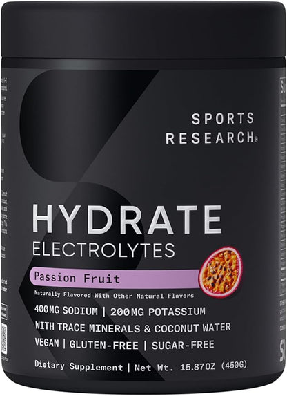 Sports Research Hydrate Electrolytes Powder - Sugar-Free & Naturally Flavored with Vitamins, Minerals, and Coconut Water - Supports Hydration - Passion Fruit